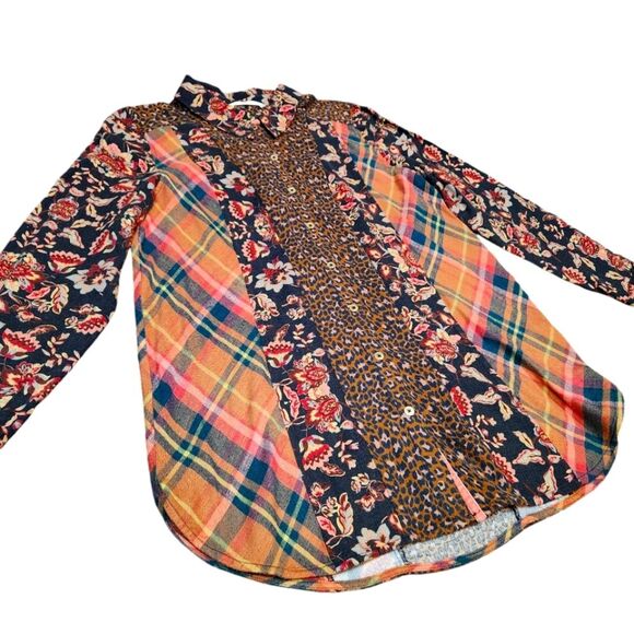 Soft Surroundings Top Tunic Patchwork Flannel Leopard Plaid Floral Button Down M - Picture 5 of 13